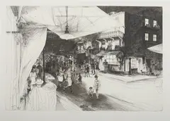 John Winkler, Night in Chinatown with Lighted Windows, Etching