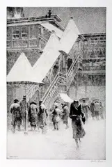 Martin Lewis, SNOW ON THE EL, posthumously signed in pencil lower margin, NOTE: This print has been posthumously signed