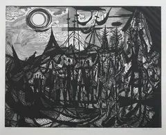 Misch Kohn, Trois Visiteurs Avec Entourage, Wood engraving