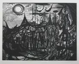 Misch Kohn, Trois Visiteurs Avec Entourage, Wood engraving