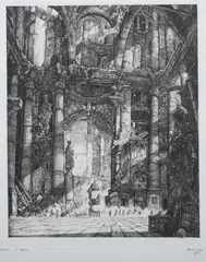 Mohutz, L'Église, L'ÉGLISE, signed, dated 1975 and numbered 51/100 in pencil lower margin Etching
