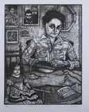 Rosemary Feit Covey, Self-Portrait with Doll, Wood engraving