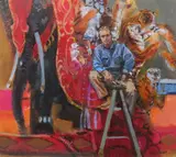William Woodward, Self Portrait with 'Greatest Show on Earth' Mural, Oil on paper