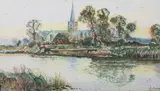 A. Dumas, River Scene with Distant Cathedral, Watercolor
