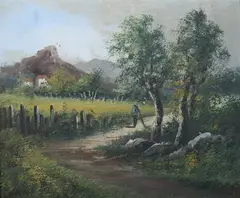 Louis Henry, Country Road with Distant Farmhouse, Oil on canvas