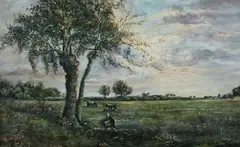 Louis Henry, Young Girl and Cows in a Field, Oil on canvas