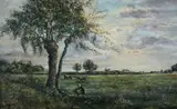 Louis Henry, Young Girl and Cows in a Field, Oil on canvas