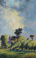 A. Coste, View of Church Through Trees, Oil on board