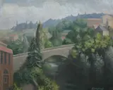 Louis Claude Dumont, Aerial View of City Bridge, Oil on board