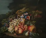 Still Life with Grapes and Pomegranate by Continental School, STILL LIFE WITH GRAPES AND POMEGRANATE, oil on canvas, sold Sep 2010