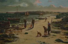 J.T Hughes, Coastal Village Scene, Oil on canvas