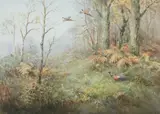 Roland Green, Three Pheasants at Edge of Woods, Watercolor