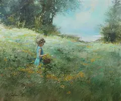 Adolf Sehring, Young Girl in Meadow, Oil on canvas