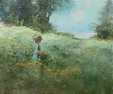 Adolf Sehring, Young Girl in Meadow, Oil on canvas