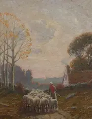 H. Peabody Flagg, Shepherdess with Flock, Oil on board