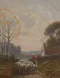 H. Peabody Flagg, Shepherdess with Flock, Oil on board