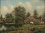 George W. Drew, Summer Cottage with Ducks, Oil on canvas