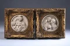 Children at Play by Edward William Wyon, High-relief carved marble plaques, signed E W Wyon, sold Sep 2010