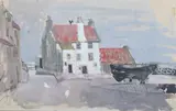 Anne Redpath, View of House at Seashore, Gouache on paper mounted on board