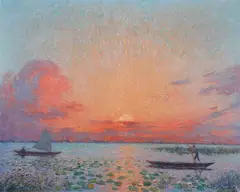 Ferdinand du Puigaudeau, Coucher de Soleil Sur la Brière, Oil on canvas