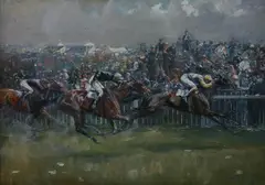 Lionel Edwards, The 'Papyrus' Derby, Hinged (on verso) along top edge; watercolor and gouache painted on board; label on verso reads "No. 1619...to be returned to A