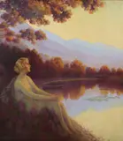 George A. Traver, Lady by the Lake at Sunset, Oil on canvas