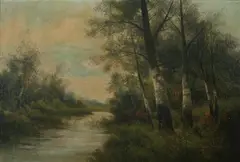 Birch Trees and Stream by Thomas Leitner, Oil on canvas, offered Sep 2010