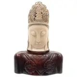 Busto de Buda Coronado, CHINA, SIGLO XX, Talla en marfil esgrafiado y entintado con base de madera tallada
