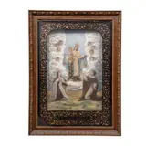 Pasamanería, MÉXICO, PRINCIPIOS DEL SIGLO XX, Litografía coloreada a mano, trabajada en relieve; marialuisa pintada en color negro y detallada al oro, con la leyenda "N. SRA. DEL CARMEN"; marco de madera