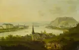Zwei Gemälde mit Ansichten aus dem Rheintal: a.) Kaub mit dem Pfalzgrafenstein und der Burg Gutenfels. b.) Das Schloss in Koblenz mit der gegenüber liegenden Festung Ehrenbreitstein by Johannes Jakob Diezler, Jeweils Öl auf Holz, sold Nov 2019