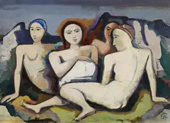 Karl Hofer, Figürliche Komposition (Vier sitzende Frauen in Landschaft), Um 1930, Öl auf Leinwand