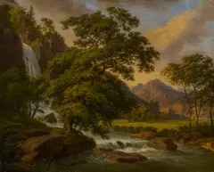 Anton Radl, Gebirgstal mit Wasserfall, Öl auf Leinwand