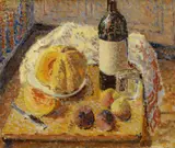 Jenny Montigny, Stillleben mit Melone, Pfirsichen und einer Weinflasche, Öl auf Leinwand