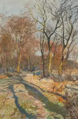 Herbstlicher Feldweg am Wald by Olof August Jernberg, Öl auf Holz, sold Sep 2021