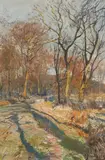 Olof August Jernberg, Herbstlicher Feldweg am Wald, Öl auf Holz