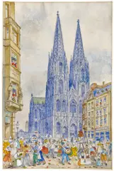 Carl Rüdell, Rosenmontag vor dem Kölner Dom, Aquarell auf Papier