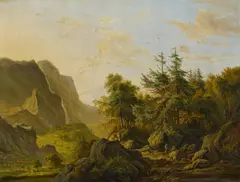 Hochgebirgslandschaft mit Jägern im Abendlicht by Jacob Abels, Öl auf Leinwand, sold Nov 2019