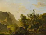 Jacob Abels, Hochgebirgslandschaft mit Jägern im Abendlicht, Öl auf Leinwand