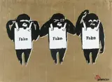 Hear not Banksy, see not Banksy, think not Banksy by Not By Banksy By Not Not Banksy, 2018, Sprühfarbe und Dispersionsfarbe über Schablone sowie Schmutz auf Wellpappe, sold Jun 2020