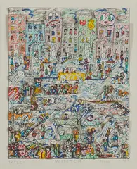 Winter by James Rizzi, 1988, 3D-Farbserigrafie auf Papier, sold Oct 2019