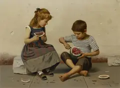 Giulio del Torre, Zwei Gemälde: a.) Kinder mit Melone, Jeweils Öl auf Holz