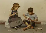 Giulio del Torre, Zwei Gemälde: a.) Kinder mit Melone, Jeweils Öl auf Holz