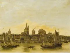 Alte Ansicht von Köln mit Blick über den Rhein auf den belebten Hafen, Groß Sankt Martin und den unvollendeten Dom über den Dächern by Deutscher Meister, Öl auf Leinwand, sold Nov 2019