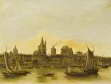 Deutscher Meister, Alte Ansicht von Köln mit Blick über den Rhein auf den belebten Hafen, Groß Sankt Martin und den unvollendeten Dom über den Dächern, Öl auf Leinwand