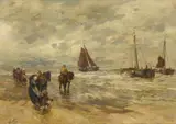 Gregor von Bochmann, Anlandende Fischerboote an der Küste, Öl auf Leinwand