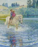 Nikolay Bogdanov-Belsky, Frühlingslandschaft mit zwei Jungen auf ihrem Pferd, Öl auf Leinwand