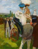 Léon Carré, Bei der Pferderennbahn, Öl auf Karton