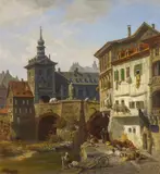 Blick auf das Rathaus in Bamberg mit Blick über die Pegnitz by Christian Johannes Wilberg, Öl auf Leinwand, sold Nov 2019