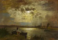 Vollmond über der Trave vor der Silhouette von Lübeck by Louis Douzette, Öl auf Leinwand, sold Nov 2019