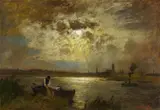 Louis Douzette, Vollmond über der Trave vor der Silhouette von Lübeck